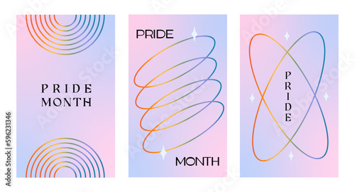 Modern design for Pride Month card, banner. Set of trendy minimalist queer aesthetic posters with gradients shapes. LGBTQ y2k backgrounds or stories templates for social media. Vector illustration.