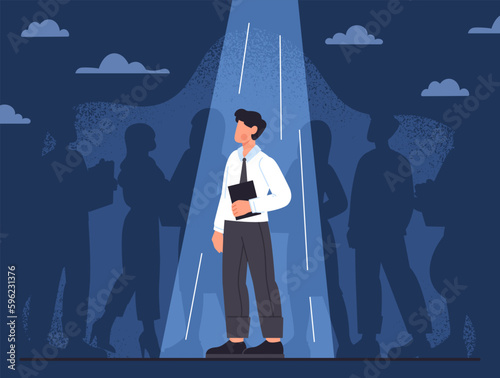 Chosen candidate concept. Man in suit with notebook stands in beam of light against background of crowd of people. Candidate for job, talented employee. Cartoon flat vector illustration