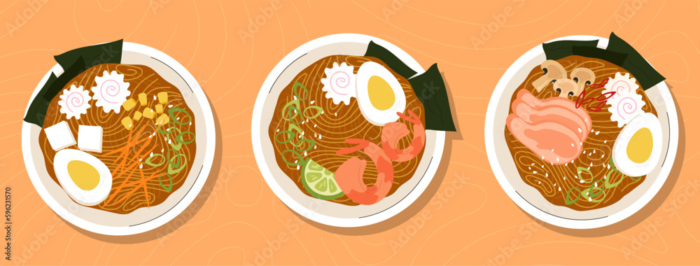 Collection of ramen. Set of korean traditional food. Noodles with egg and shrimp. Top view at bowls with japanese, oriental seafood. Cartoon flat vector illustrations isolated on orange background