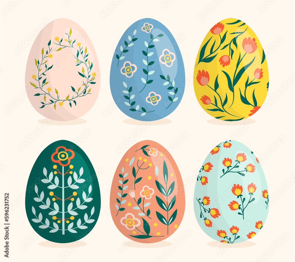 Colored Easter eggs set. Collection of natural products in coloring with flowers. Symbol of spring traditional religious holiday. Cartoon flat vector illustrations isolated on white background