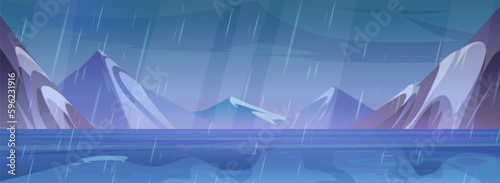 Cartoon rainy caribbean sea with mountain view vector. Torrential rain falling in ocean landscape illustration. Sullen sky wildlife seascape. Beautiful adventure game northern environment scene