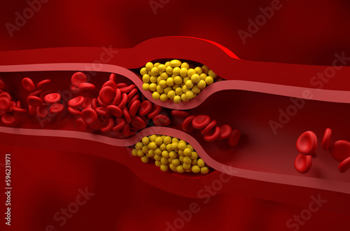 Partly blocked vessel in high level of LDL (bad cholesterol) lipoprotein – isometric view 3d illustration photo