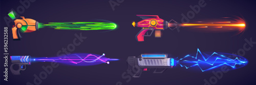 Cartoon set of futuristic game laser guns isolated on black background. Vector illustration of magic space weapon with neon beams, energy strike effect, shot trace, alien blaster attack. Scifi pistol