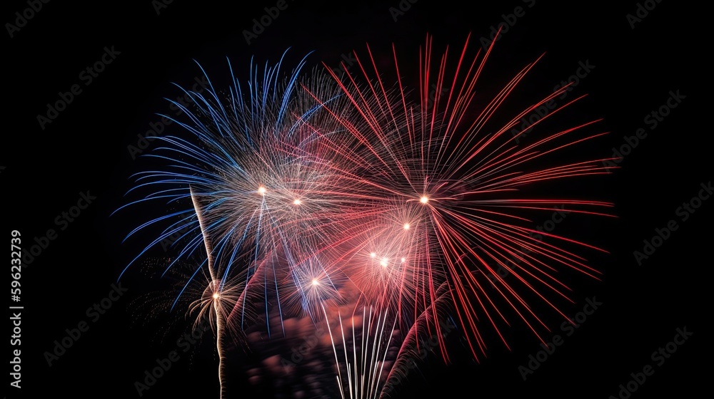 red, white, and blue independence day fireworks over the river at night, generative ai red, white, and blue independence day fireworks over the river at night, generative ai