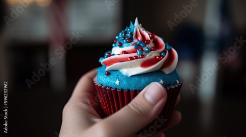 close up of hand holding an independence day cupcake, generative ai