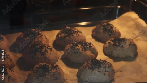 Baking fragrance buns in the oven at home. 4K Resolution
