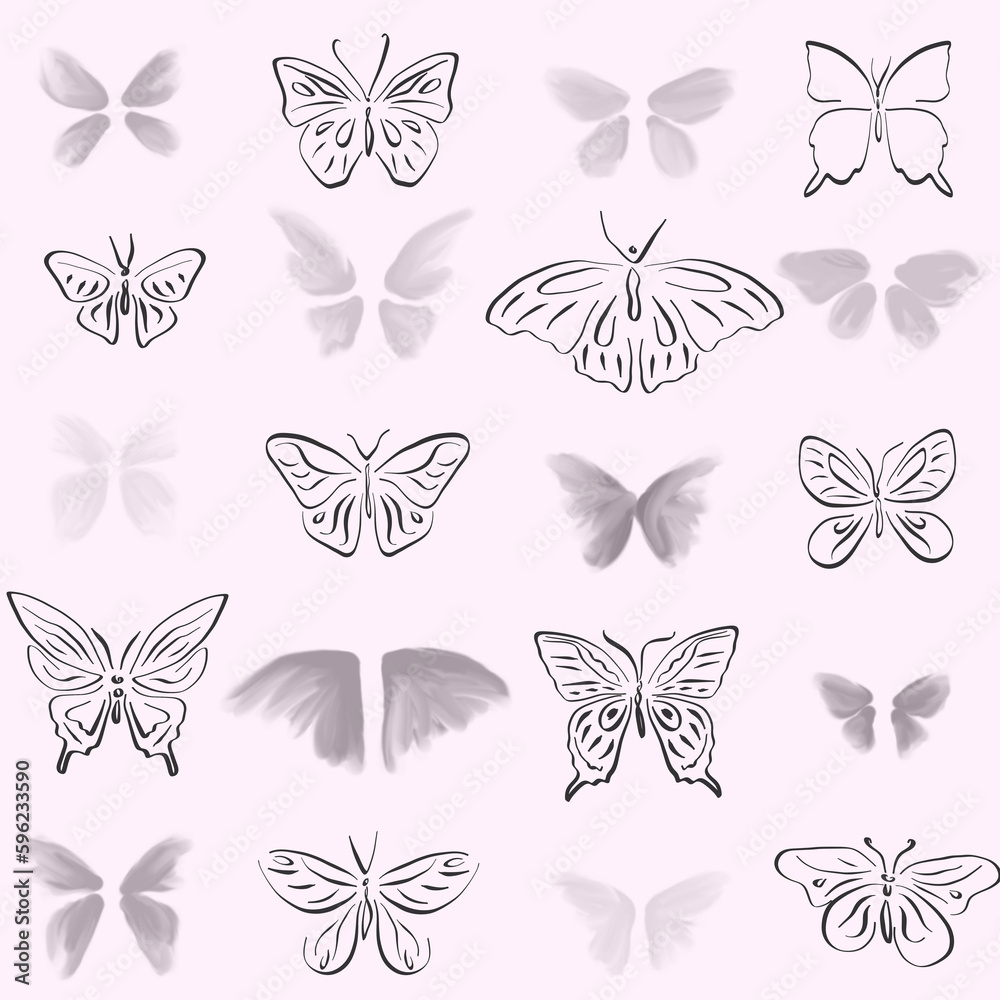 Seamless pattern, abstract silhouettes of butterflies, line, watercolor. Seamless pattern, abstract silhouettes of butterflies, line, watercolor.