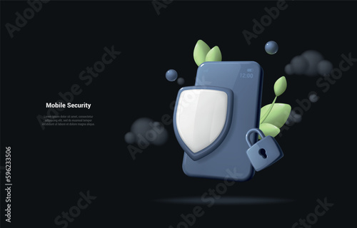 Phone security concept. Realistic 3d illustration of a mobile phone and security shield against hacking. The concept of protection of personal data. Landing page on dark background. Cartoon 3d style.
