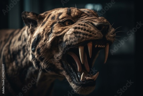 A prehistoric predator known as the Smilodon with sharp, elongated canine teeth. Generative AI © Thisbe
