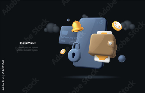 Mobile Financial Security concept. 3d illustration of security lock icon on phone with brown wallet. Concept illustration of mobile money protection. Reaistic 3d style