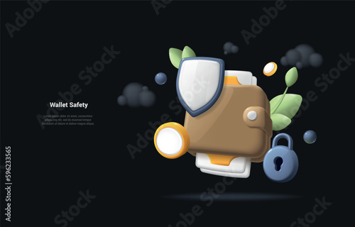 Wallet Security concept. 3d illustration of security shield icon on brown wallet. Concept illustration of safety money protection. Realistic 3d style