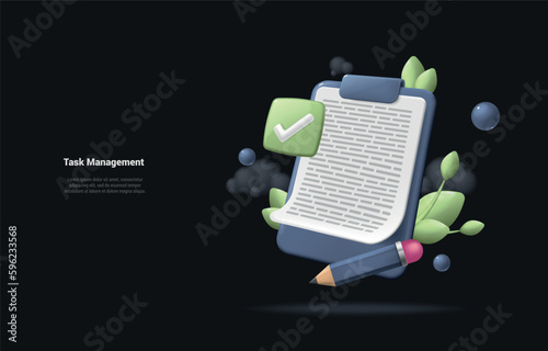 Dark 3d clipboard task management todo check list, efficient work on project plan, fast summary, assignment and exam, productivity solution 3d icon. 3d vector render on paper black background
