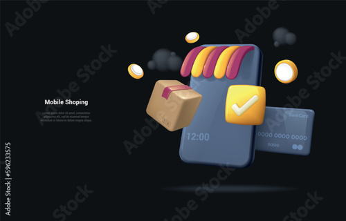 Mobile Shopping concept. Cartoon 3d illustration of Shopping Online on Mobile phone Application Concept illustration and Digital marketing promotion. Landing page on dark background. Reaistic 3d style