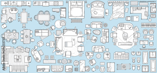 Collection of furniture and equipment top view for house plan. Interior icons set for bathrooms and living room, kitchen and bedroom (view from above). Vector blueprint for apartment floor plan