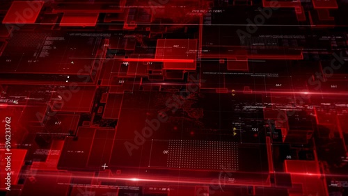 Red Abstract Tech Earth Globalization in 3d Motion Graphic. broadcast world map background Transfer 5g Web Communications Signal on Worldwide, Global Business Dots red Planet background with Hud tiles