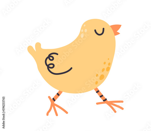 Yellow chick concept. Animal with feathers walks with its head up. Farming and agriculture. Biology and ornithology. Poster or banner for website. Cartoon flat vector illustration