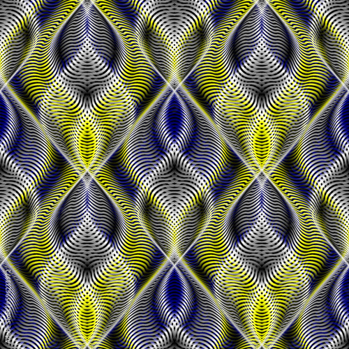 Vector repeatable moire modern pattern of wavy lines. Optical art black white blue and yellow gradient texture for wallpaper design.