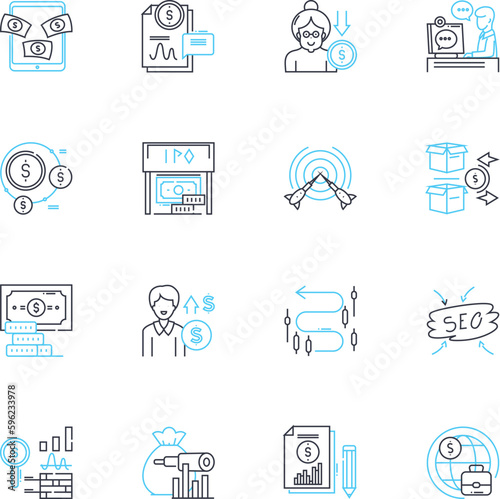Economical approach linear icons set. Efficiency, Frugality, Budgeting, Streamlining, Optimization, Austerity, Integration line vector and concept signs. Sustainability,Resourcefulness,Prudence