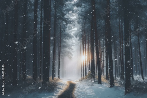 Ethereal pine forest adorned with lights, mist, and snow, captured in a wide winter banner. Generative AI