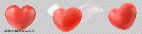 Realistic set of 3D hearts isolated on transparent background. Vector illustration of red symbols of love, romance, charity, health care and medicine. Like emoji design with and without angel wings