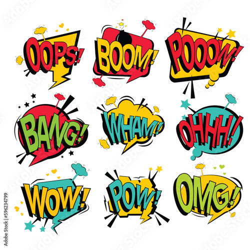 Comic collection colored sound effects words pop art vector style. Set comic bubble speech word comic cartoon expression illustration. Lettering phrase.