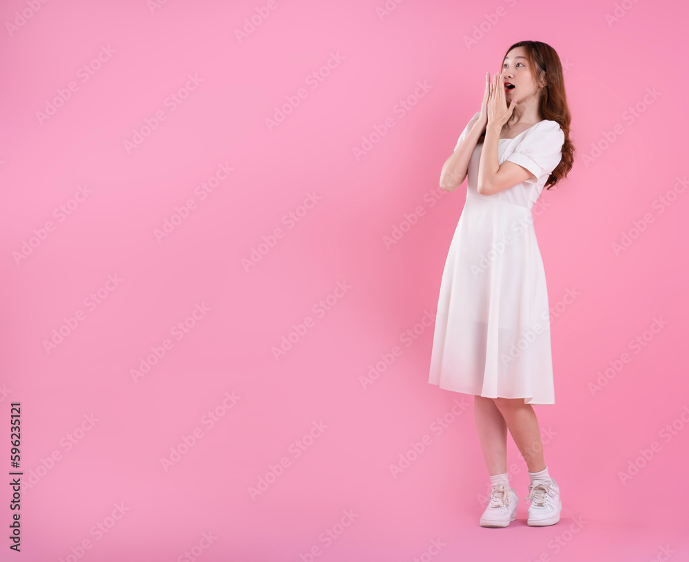 full body image of asian woman in skirt posing on pink background full body image of asian woman in skirt posing on pink background