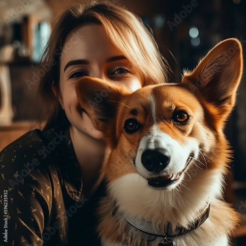 happy dog with its beautiful owner modeling real 8k best quality IA generativa photo