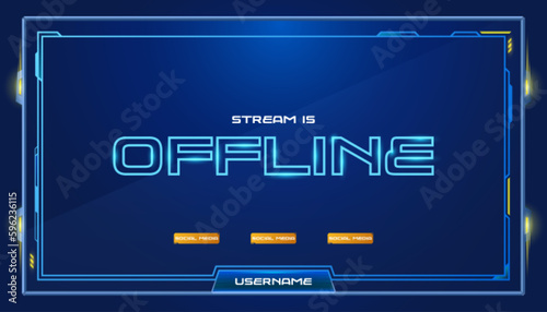 Offline banner blue stream template design. Game broadcast media overlay with neon light frame. Abstract cover layout element for streamer. Social media button on channel interface.
