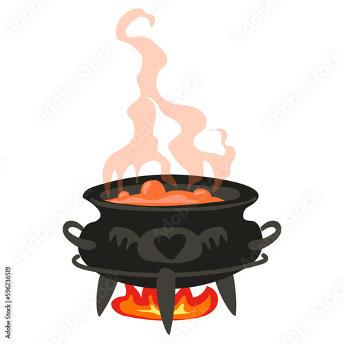 A witch's cauldron in a modern hand-painted style. An old cauldron with an orange potion stands over the fire. An old witch's bowler hat on three legs, smoke above it. Isolated vector illustration