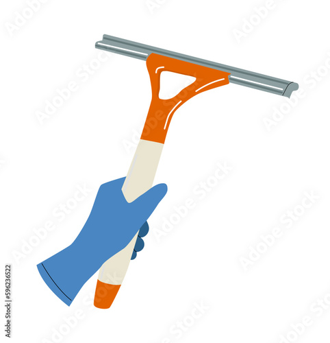 Hand in rubber gloves. Womans hand with window cleaning scraper. Cleanliness and hygiene, household chores. Sticker for social networks and messengers. Cartoon flat vector illustration