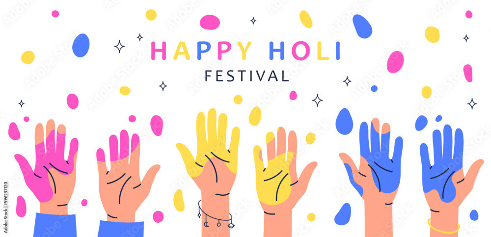 Happy Holi Festival. Hands with yellow purple and blue paint on background of stains. Traditional Indian holiday. Design element for greeting postcard. Cartoon flat vector illustration Happy Holi Festival. Hands with yellow purple and blue paint on background of stains. Traditional Indian holiday. Design element for greeting postcard. Cartoon flat vector illustration