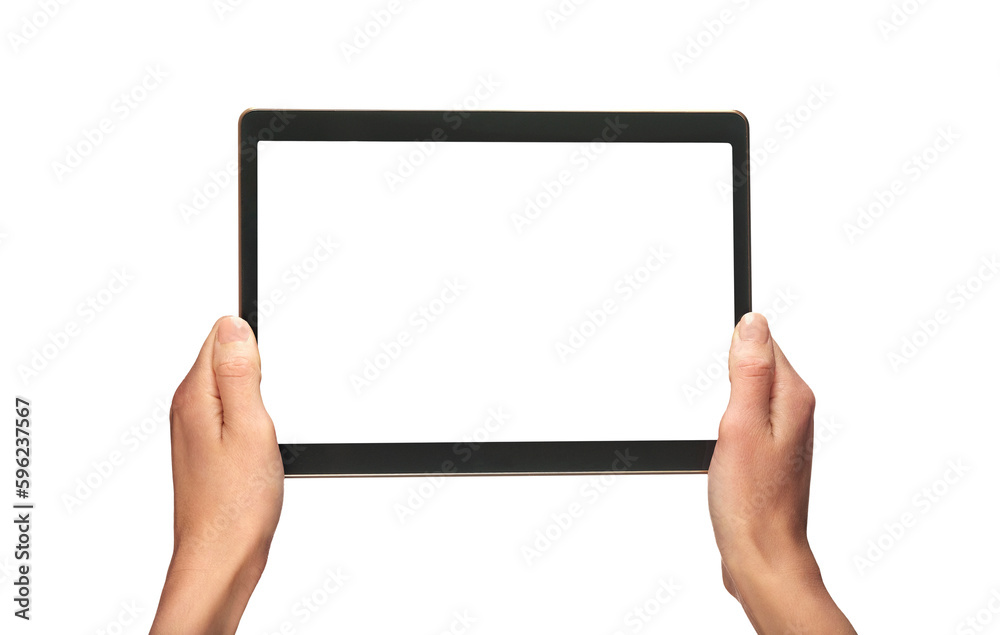 A woman's hand holding a mobile computer screen, tablet display with a transparent background and display to insert business message. A woman's hand holding a mobile computer screen, tablet display with a transparent background and display to insert business message.