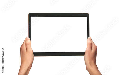 Obraz na płótnie A woman's hand holding a mobile computer screen, tablet display with a transparent background and display to insert business message. w salonie