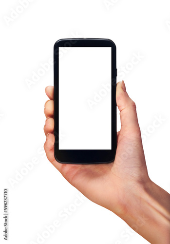 A woman's hand holding a mobile phone screen display with a transparent background and display to insert business message.