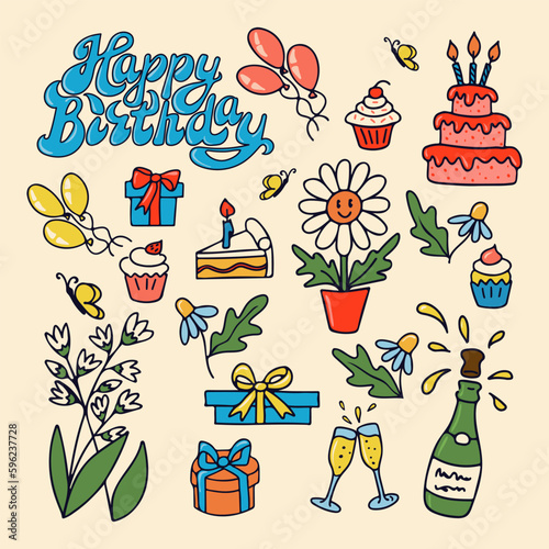 Birthday cartoon retro design set. Vector outline hand drawn elements related to birthday party. Isolated vector. Can be used as stickers, scrapbooking elements