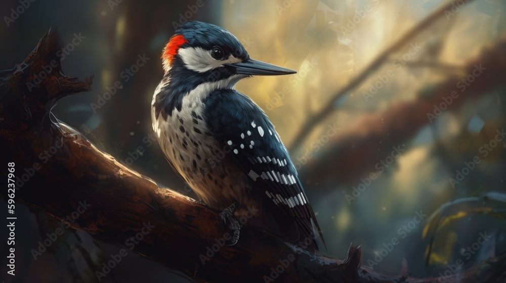 Fototapeta premium Woodpecker Bird Perched on Tree Branch in Forest - Generative AI Illustration