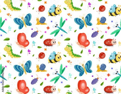 Insects seamless pattern. Repeating design element for printing on fabric. Butterfly, caterpillar and dragonfly. Flora and fauna, wild life. Spring and summer. Cartoon flat vector illustration