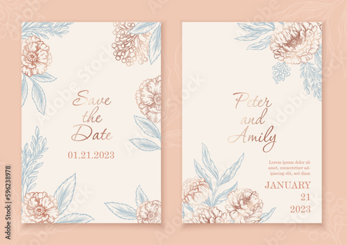 Invitation with flowers set. Poster or banner collection with line plants and place for text. Valentines day and wedding anniversary postcard. Flat vector illustrations isolated on beige background