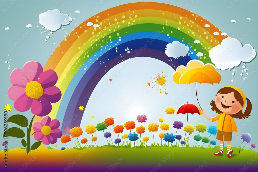 Naklejka premium Illustration of nature and rainbow for international children's day with place for text. With Generative AI tehnology.
