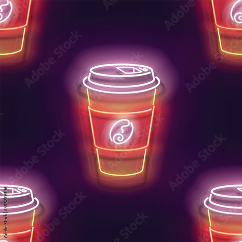 Seamless pattern with glow Paper Cup of Coffee. Cafe Label. Drink To Go, Cappuccino, Espresso, Latte. Neon Light Texture, Signboard. Glossy Background. Vector 3d Illustration 