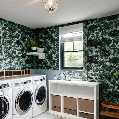 20 A laundry room with a mix of white and green finishes  a large  graphic wallpaper  and a mix of open and closed storage5  Generative AI
