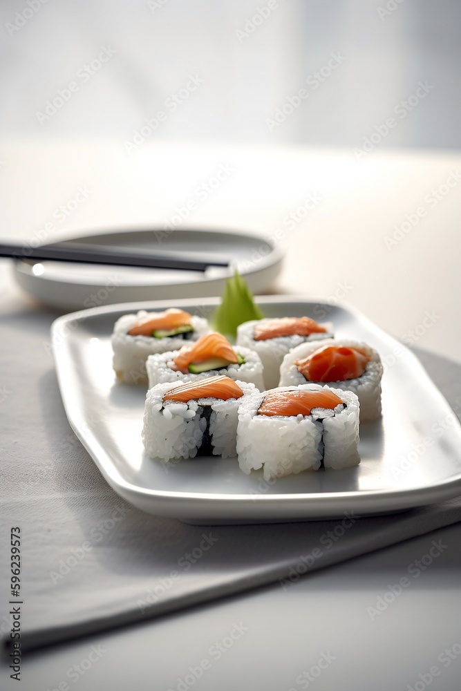 Sushis, Maki, Nigiri, California rolls, dans une assiette blanche, arrière plan clair et flou, illustration culinaire ia générative