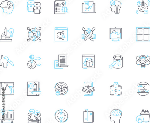 Creative writing linear icons set. Imagination, Inspiration, Expression, Prose, Verse, Editing, Metaphors line vector and concept signs. Fiction,Nonfiction,Poetry outline illustrations