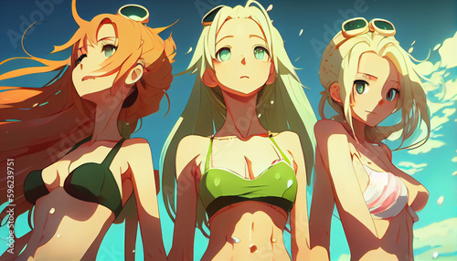 three anime girl in bikini taking bath generative AI