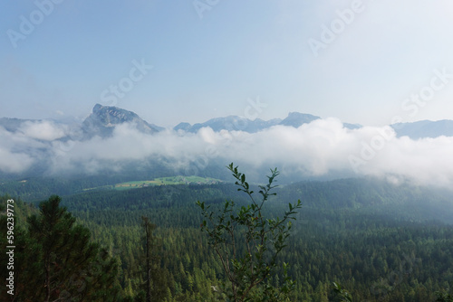 The view of Hallstaetter lake from the trekking route to Hoher Sarstein mountain  Upper Austria region