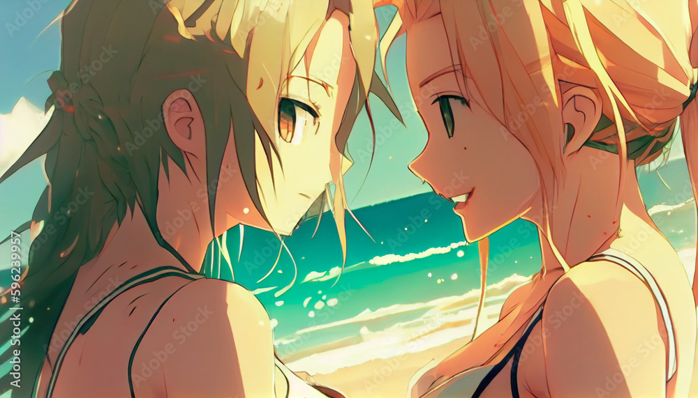 two anime girl in bikini kissing each other generative AI Stock
