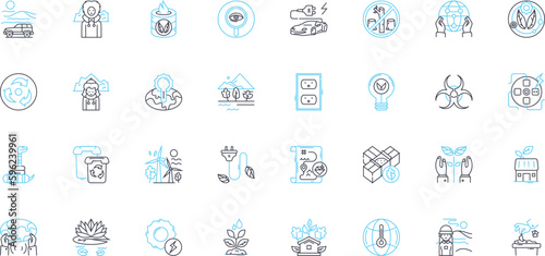 Environmental impact linear icons set. Sustainability, Pollution, Climate, Emissions, Conservation, Biodiversity, Deforestation line vector and concept signs. Recycling,Carbon,Oz outline illustrations