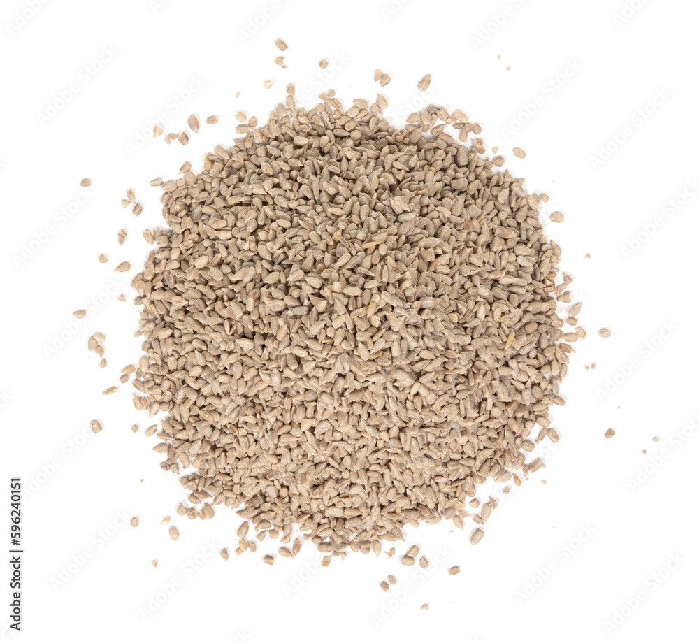 Heap of natural shelled sunflower seeds over white background Heap of natural shelled sunflower seeds over white background