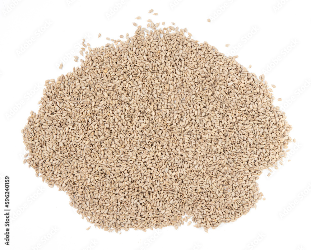Heap of natural shelled sunflower seeds over white background Heap of natural shelled sunflower seeds over white background