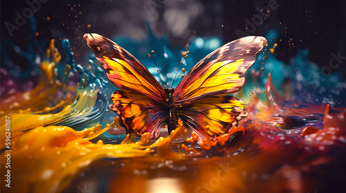 abstract liquid painting digital art full color with beautiful butterfly flying on top of on air liquid background. Generative ai